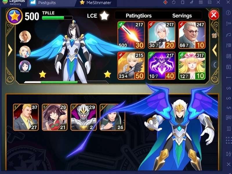 Shining Legends game interface showcasing character selection and battle scenes