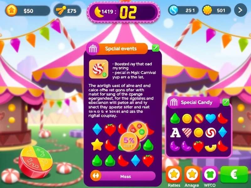 Candy Magic Carnival gameplay screenshot showing colorful candy pieces and carnival background