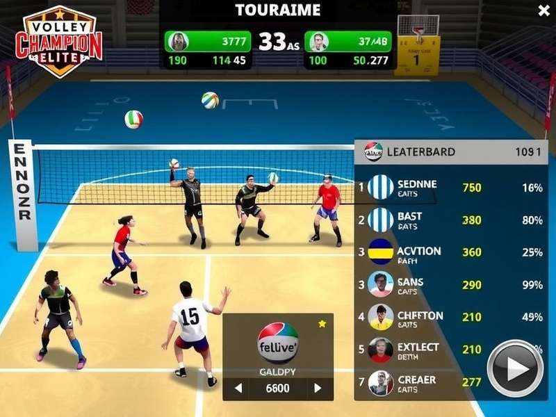 Volley Champion Elite tournament screen showing competitive leaderboards