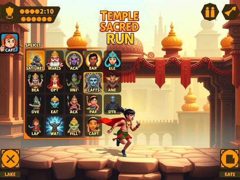 Character selection screen in Temple Sacred Run showing various mythological avatars