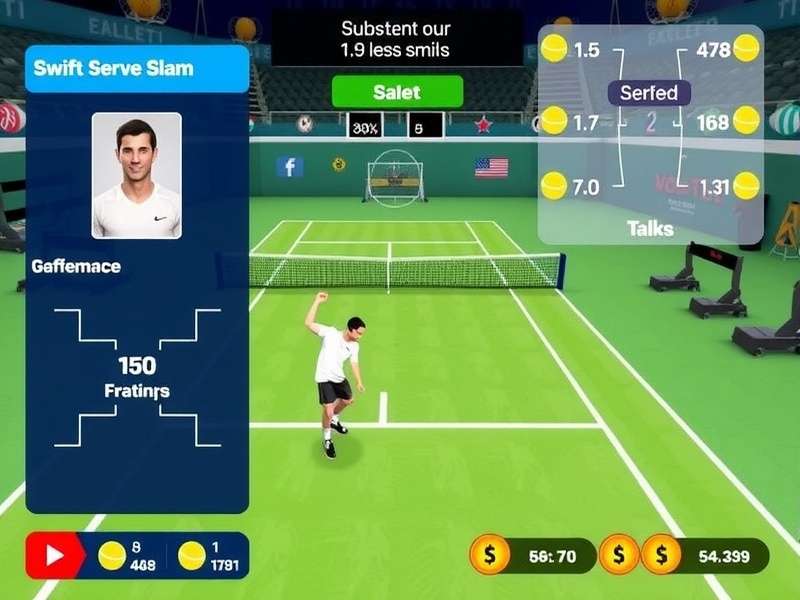 Swift Serve Slam gameplay screenshot showing tennis court and player