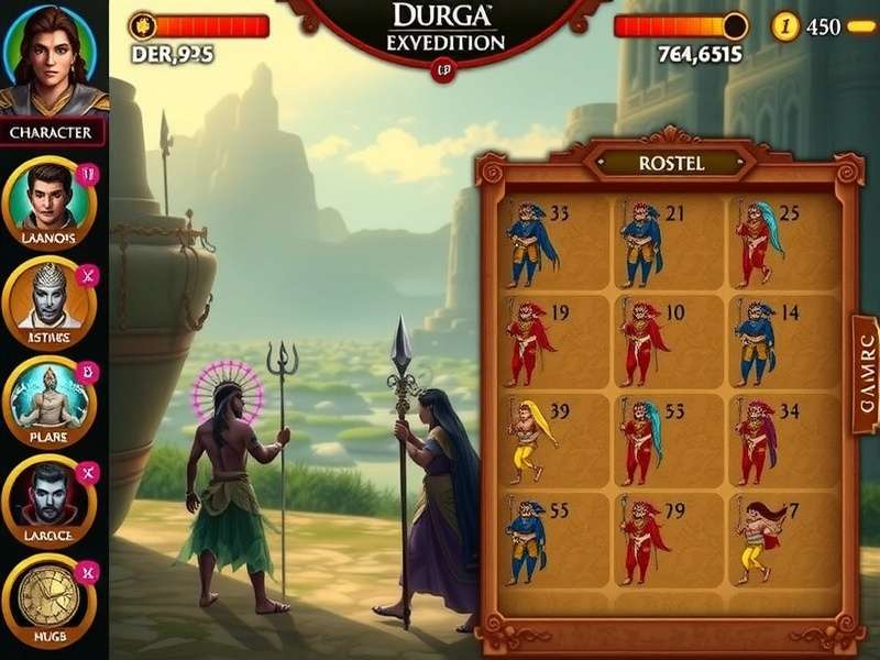 Character roster from Durga S Sacred Expedition showing various deities