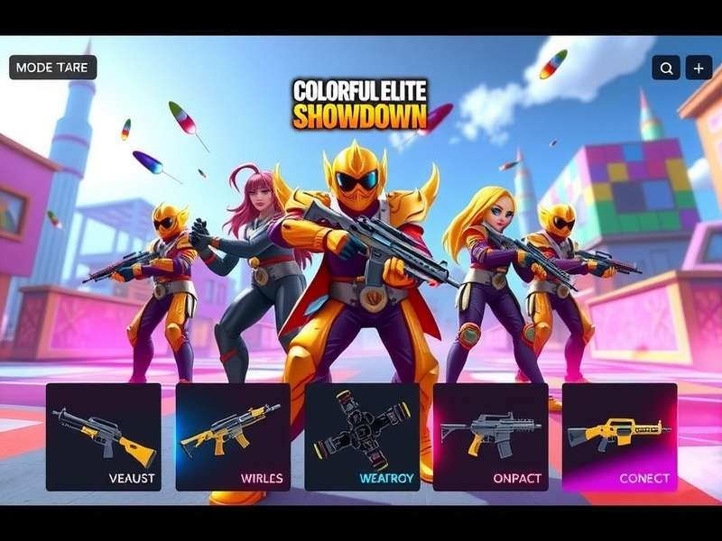 Colorful Elite Showdown weapons and equipment display