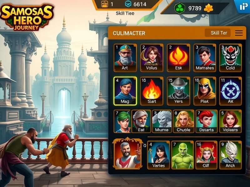 Samosas Hero Journey character roster showing diverse heroes and villains
