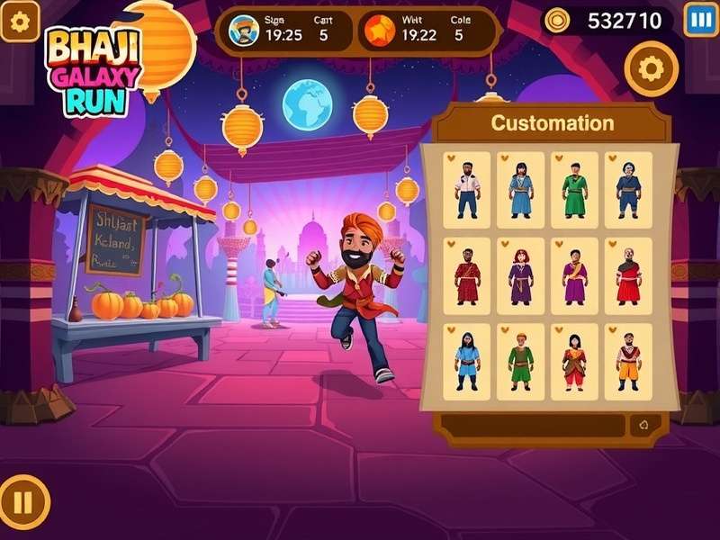 Bhaji Galaxy Run gameplay screenshot showing character running through cosmic Indian marketplace