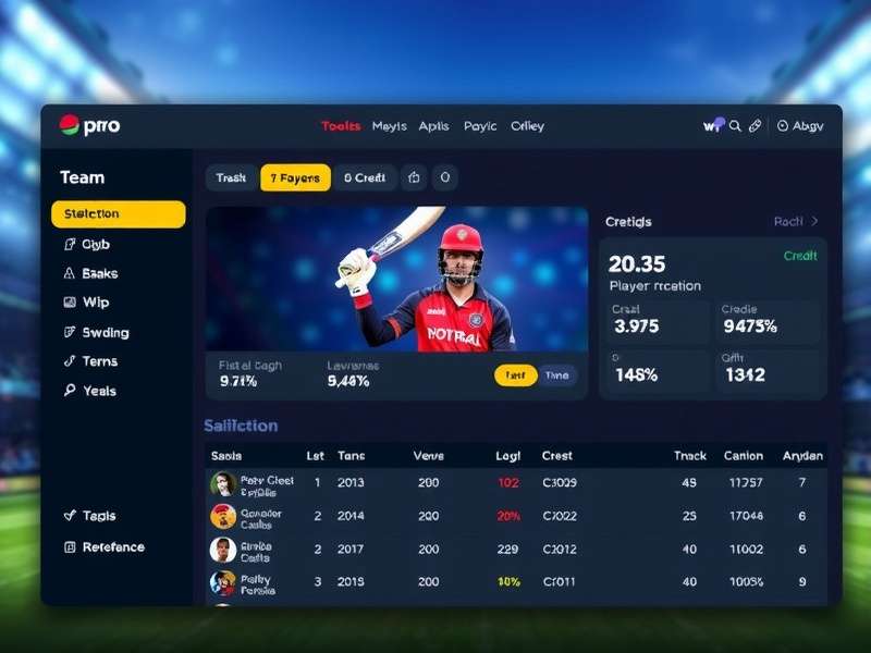 Pro Cricket Fantasy interface showing team selection and player statistics