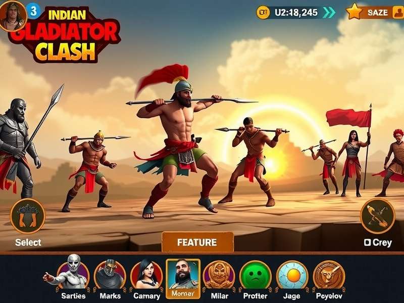 Indian Gladiator Clash feature showcase with multiple gameplay elements