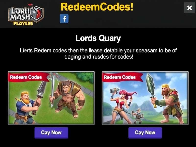Step-by-step visual guide to redeeming a code in Lords Mobile on a mobile screen