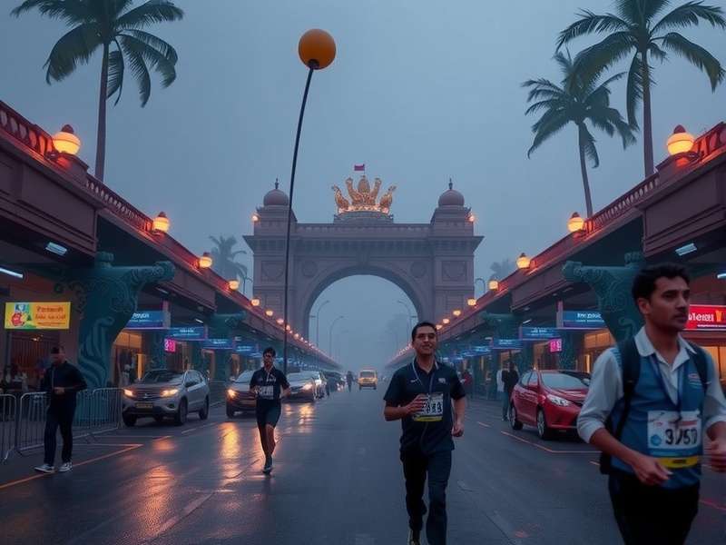 Bangalore Marathon Maestro — Lords Mobile tournament arena with players competing on stage under blue and orange lights